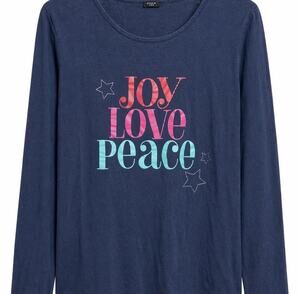 Studio 1940 Joy Love Peace Navy Long Sleeve Graphic Top Women’s Plus